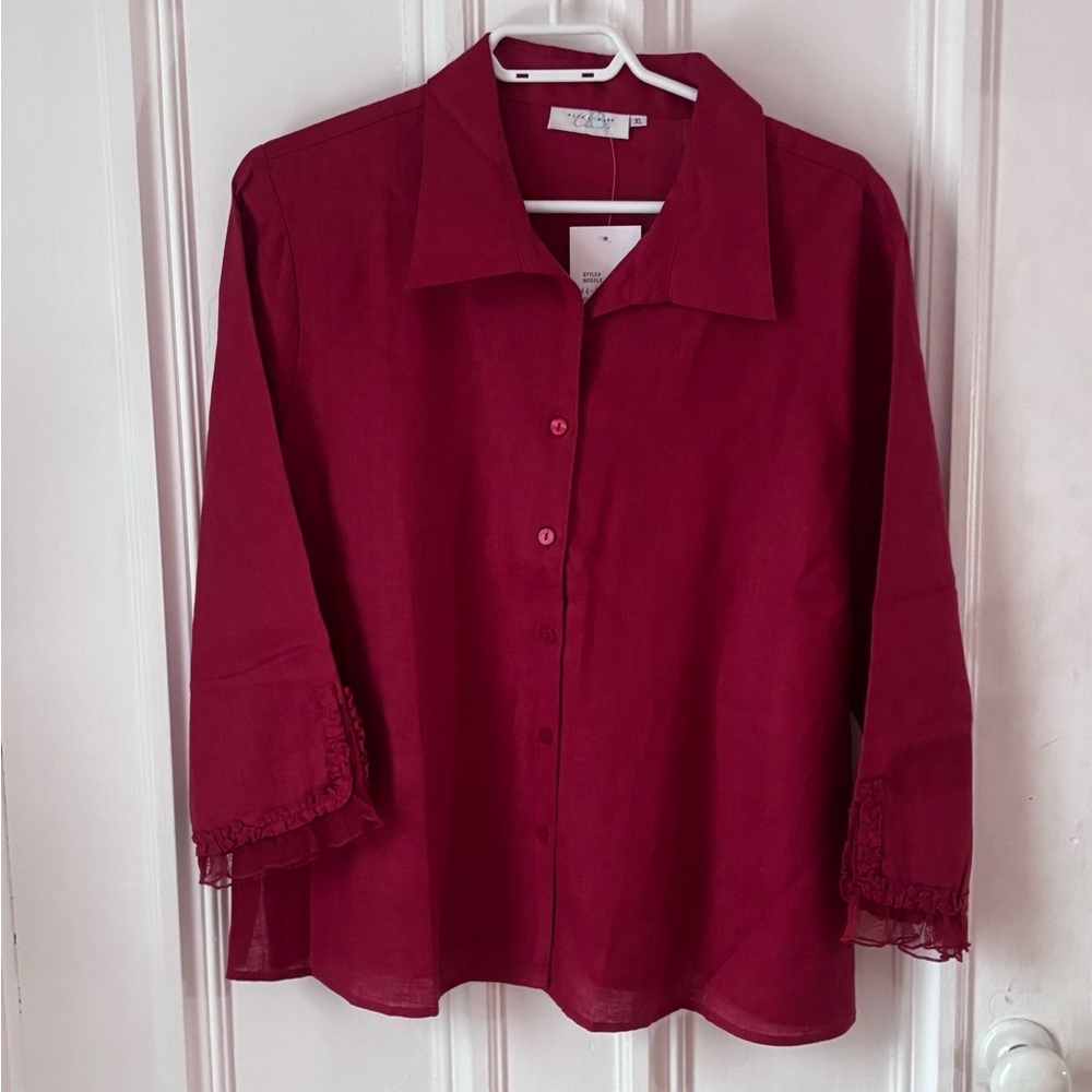 Women’s Alice Blue NWT 100% Linen Button Front Long Sleeve Lace Trim Size XL